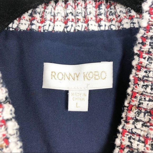 Ronny Kobo Alba Tweed Bomber Sequin Casual Jacket White Red Button Cotton - Picture 5 of 8